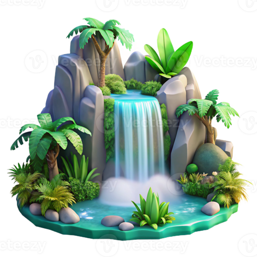 vibrant classic A cascading waterfall surrounded by lush, tropical foliage, mist rising from the water, vibrant colors, fantasy art style authentic png