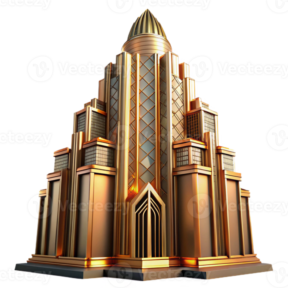 elegant classic Art Deco skyscraper, intricate geometric facade, chrome accents, golden hour sunlight, highly polished surfaces, ray tracing, 8k, high quality png