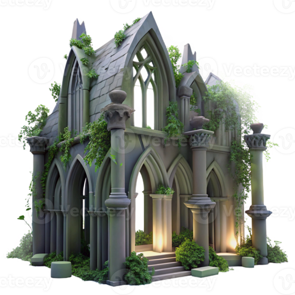 stunning rustic A crumbling gothic cathedral overgrown with vines, volumetric lighting from a hidden moon, ethereal, painterly style, high quality png