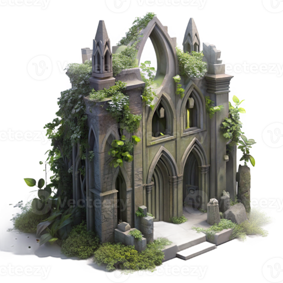 beautiful artistic A crumbling gothic cathedral overgrown with vines, volumetric lighting from a hidden moon, ethereal, painterly style, authentic png