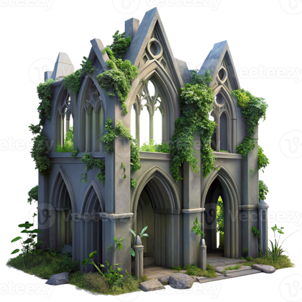 wonderful vintage A crumbling gothic cathedral overgrown with vines, volumetric lighting from a hidden moon, ethereal, painterly style, authentic png