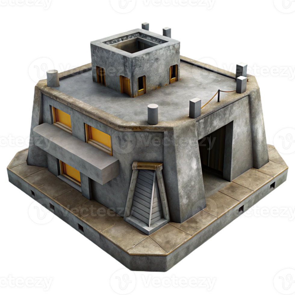 stunning abstract Brutalistic concrete bunker, harsh shadows, cold grey tones, industrial, dystopian style, original png
