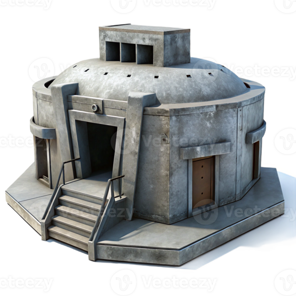 impressive creative Brutalistic concrete bunker, harsh shadows, cold grey tones, industrial, dystopian style, high quality png