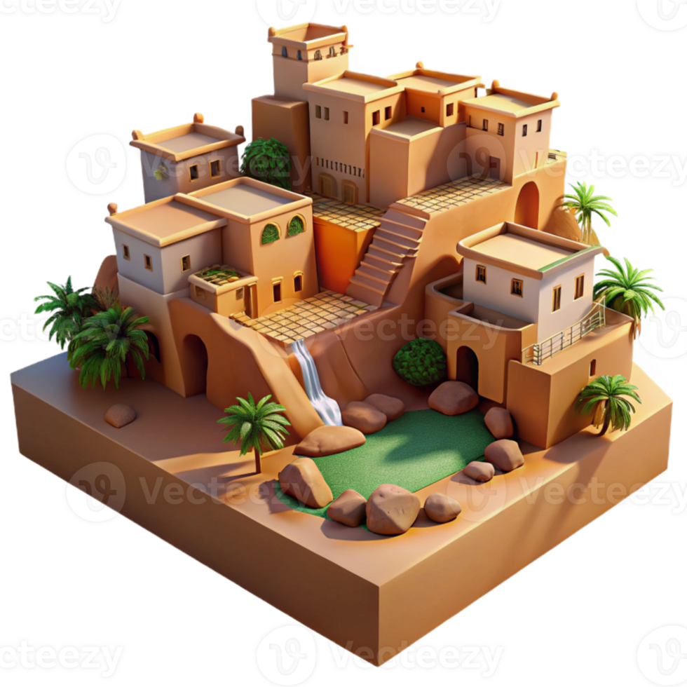 impressive abstract A desert oasis village built into sandstone cliffs, warm midday sunlight, earthy tones, photorealistic, middle eastern style, professional png