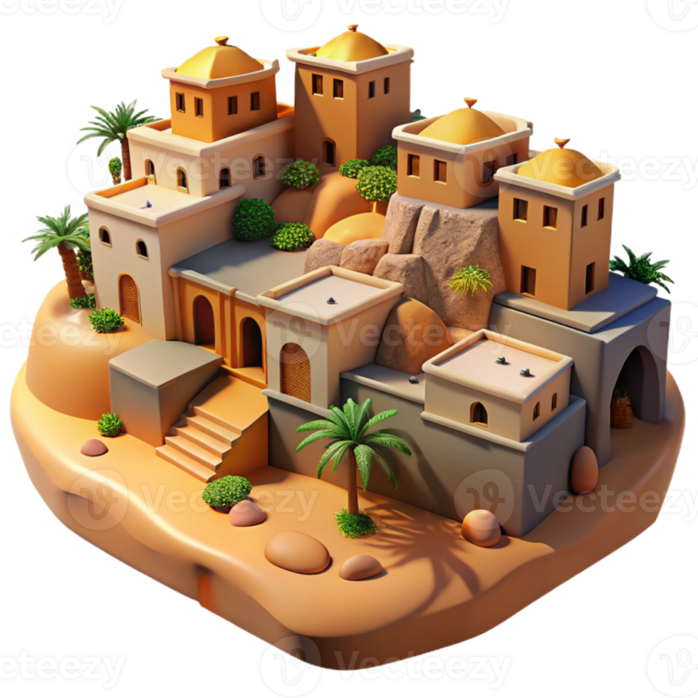 impressive classic A desert oasis village built into sandstone cliffs, warm midday sunlight, earthy tones, photorealistic, middle eastern style, professional png