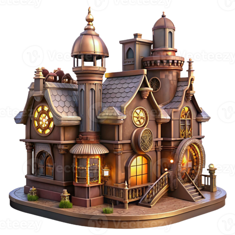 vibrant contemporary Victorian era steampunk mansion, intricate gears and pipes, warm lamplight, intricate details, fantasy style, genuine png