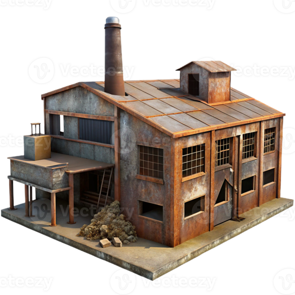 wonderful contemporary An abandoned industrial factory, rusted metal and broken windows, dim ambient light, gritty, photorealistic style, 4K png