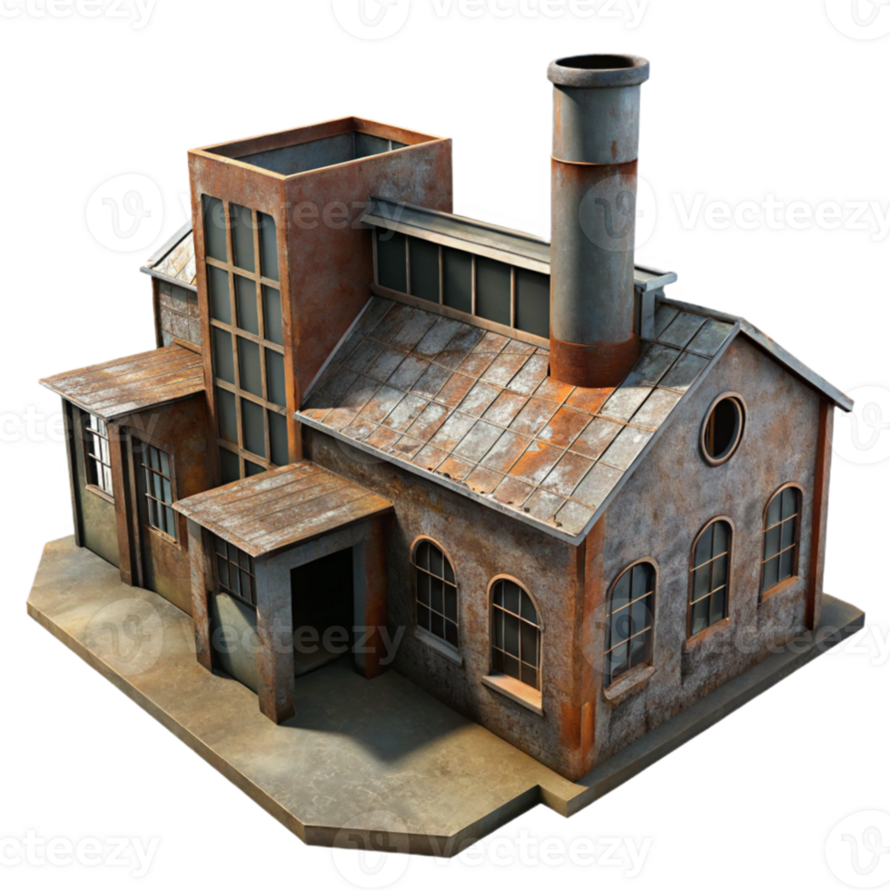 impressive abstract An abandoned industrial factory, rusted metal and broken windows, dim ambient light, gritty, photorealistic style, high resolution png