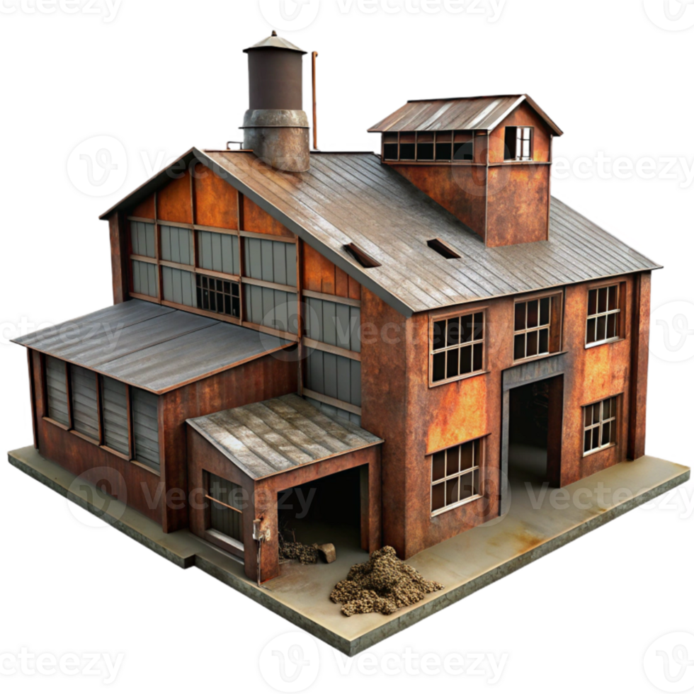 stunning contemporary An abandoned industrial factory, rusted metal and broken windows, dim ambient light, gritty, photorealistic style, detailed png