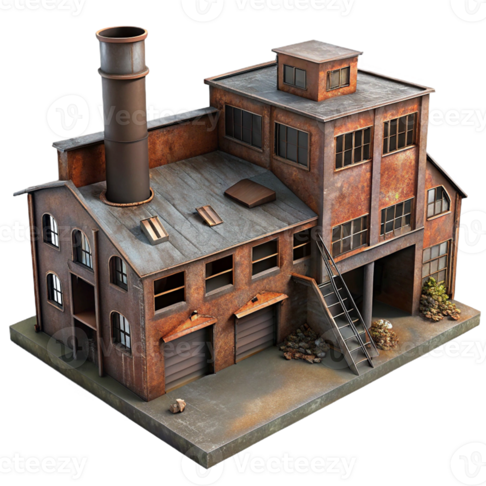 magnificent rustic An abandoned industrial factory, rusted metal and broken windows, dim ambient light, gritty, photorealistic style, high quality png