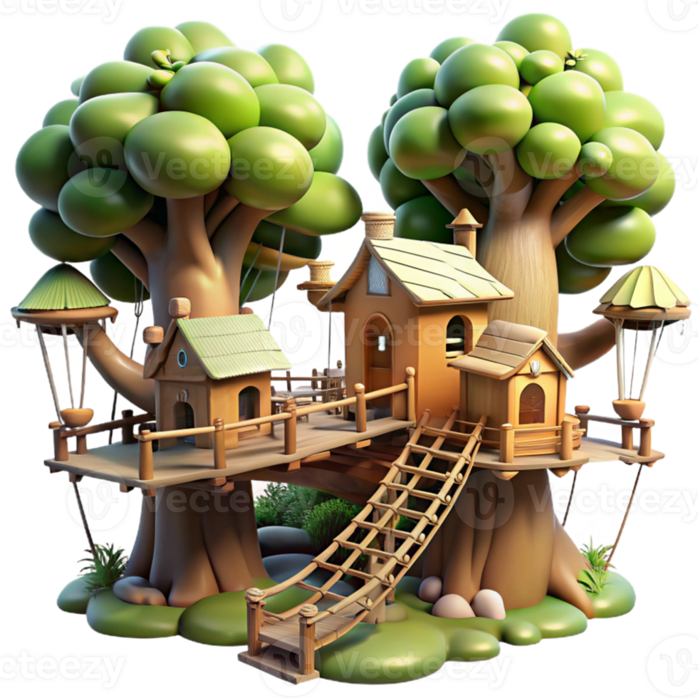 wonderful creative A whimsical treehouse village connected by rope bridges, dappled sunlight filtering through leaves, fairytale, whimsical style, detailed png