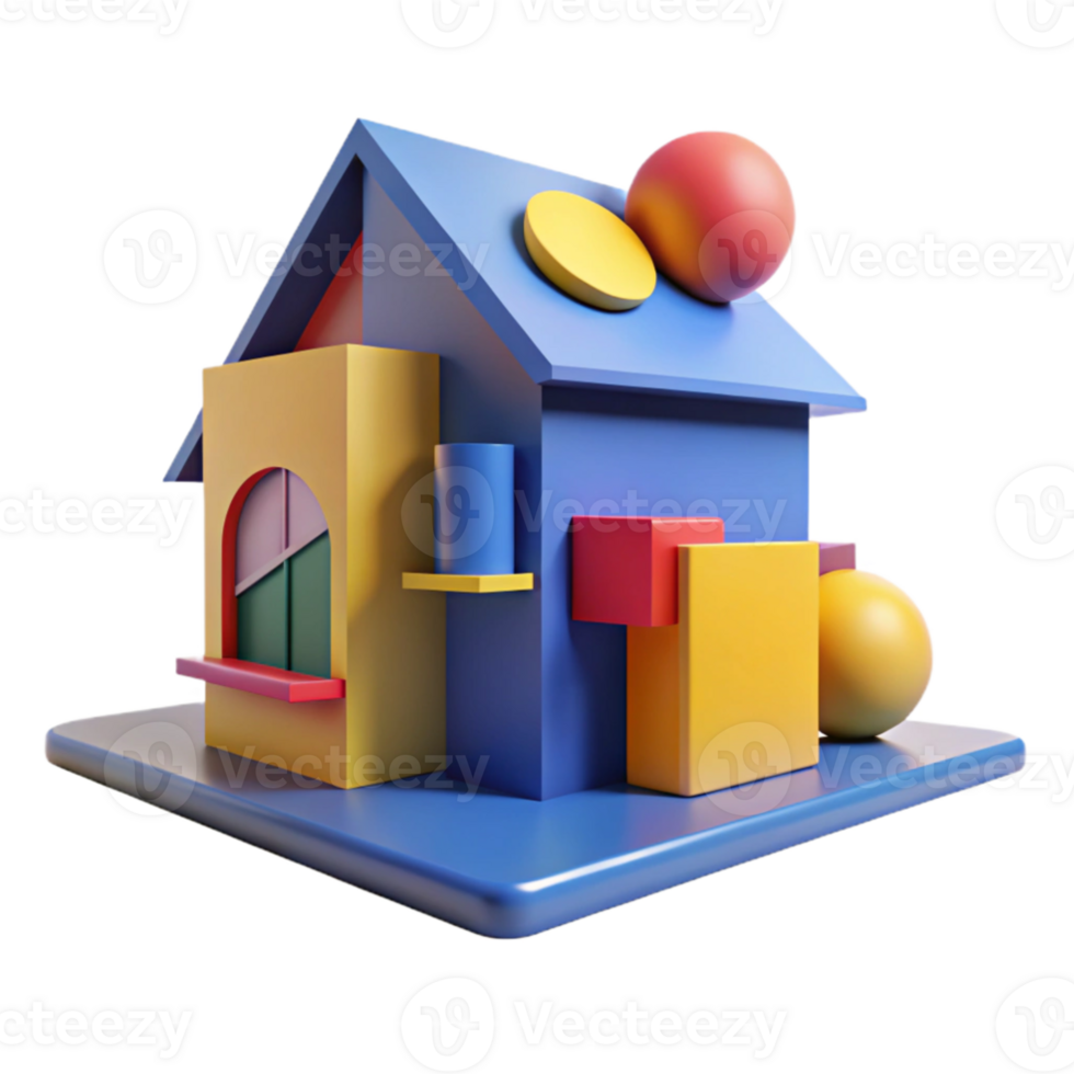beautiful classic A postmodern house with bold geometric shapes, primary colors, bright midday sunlight, pop art style, premium png