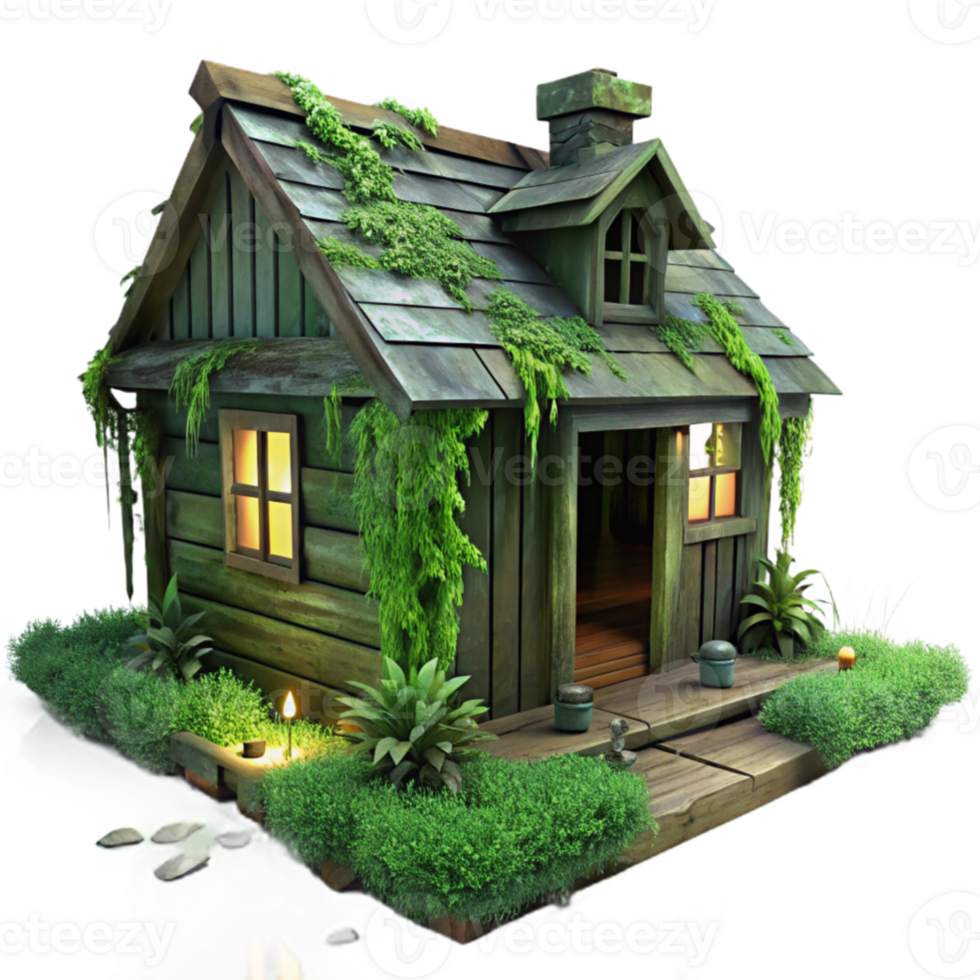 dramatic abstract A dilapidated wooden shack in a swamp, overgrown with moss and vines, eerie green lighting, horror style, genuine png