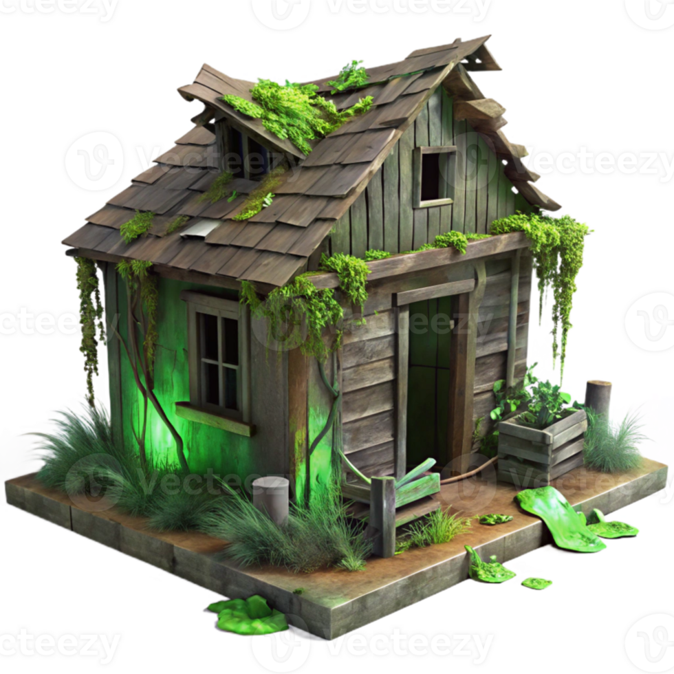 extraordinary contemporary A dilapidated wooden shack in a swamp, overgrown with moss and vines, eerie green lighting, horror style, original png