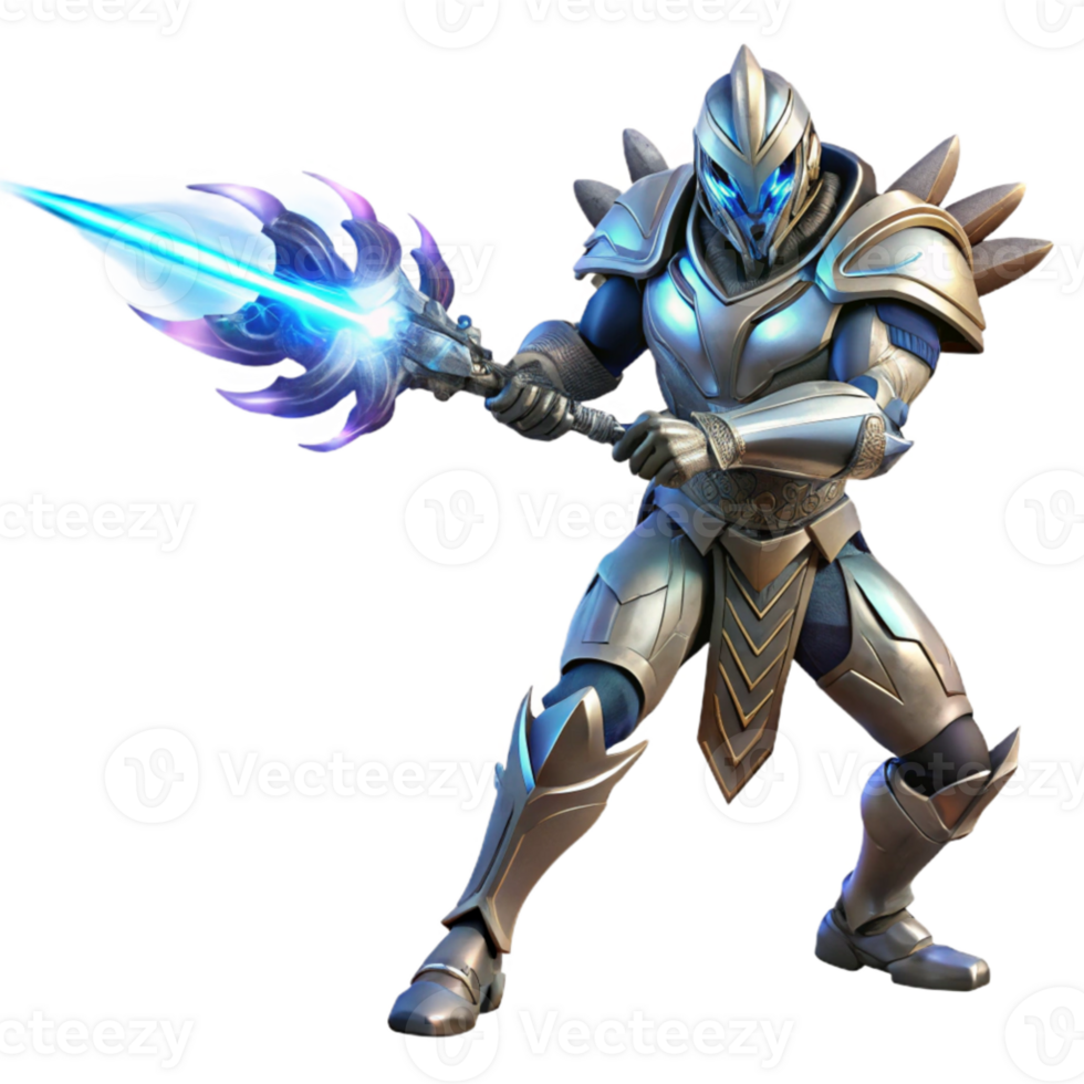 serene modern A powerful energy beam erupts from a crystal-powered weapon held by a warrior in ornate, alien armor. Bright, dynamic lighting. Art style FantasySci-fi premium png