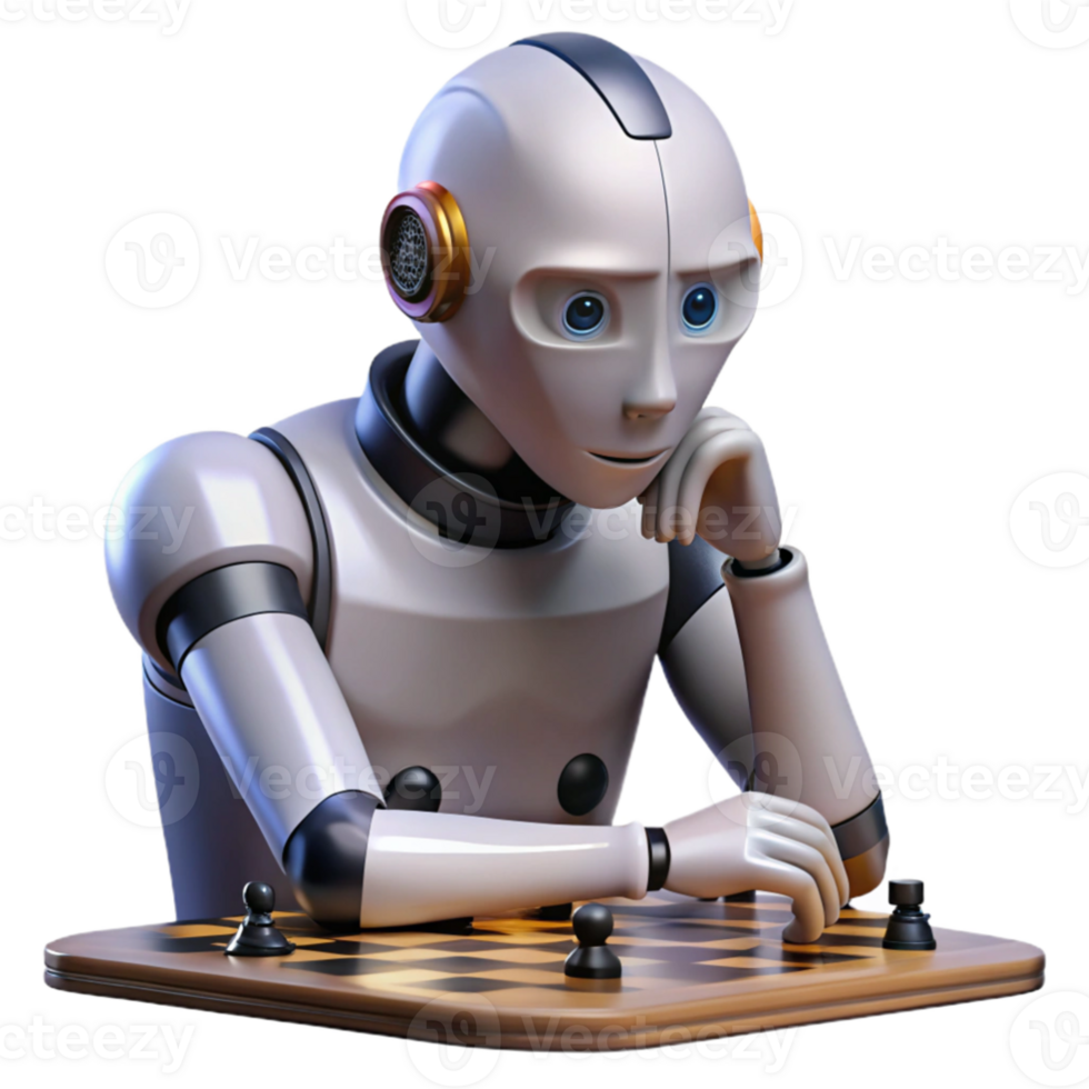 wonderful contemporary A highly advanced, humanoid robot with intricate facial expressions contemplates a chessboard in a quiet, dimly lit room. Warm, intimate lighting. Art style Realism detailed png