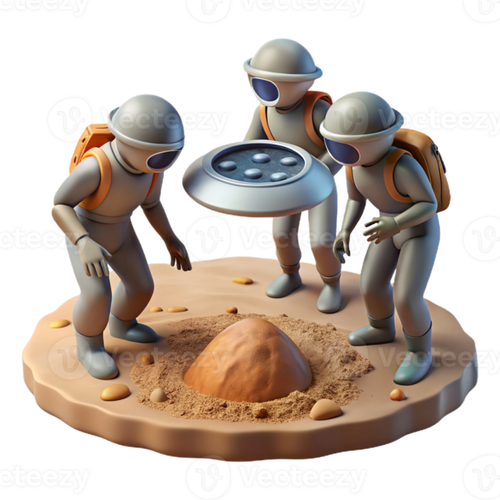 wonderful minimalist A group of explorers discovers an ancient alien artifact buried in the sand of a desolate planet. Harsh, midday lighting. Art style Photorealistic high resolution png