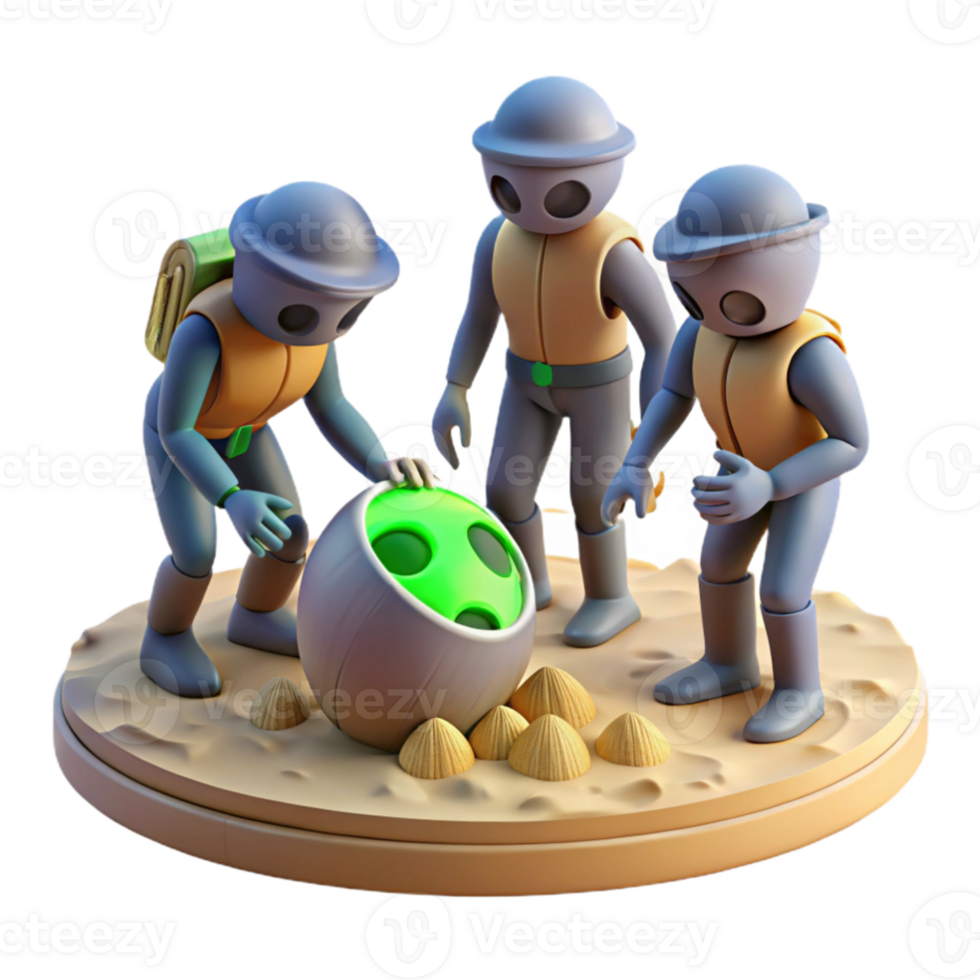 beautiful contemporary A group of explorers discovers an ancient alien artifact buried in the sand of a desolate planet. Harsh, midday lighting. Art style Photorealistic exclusive png