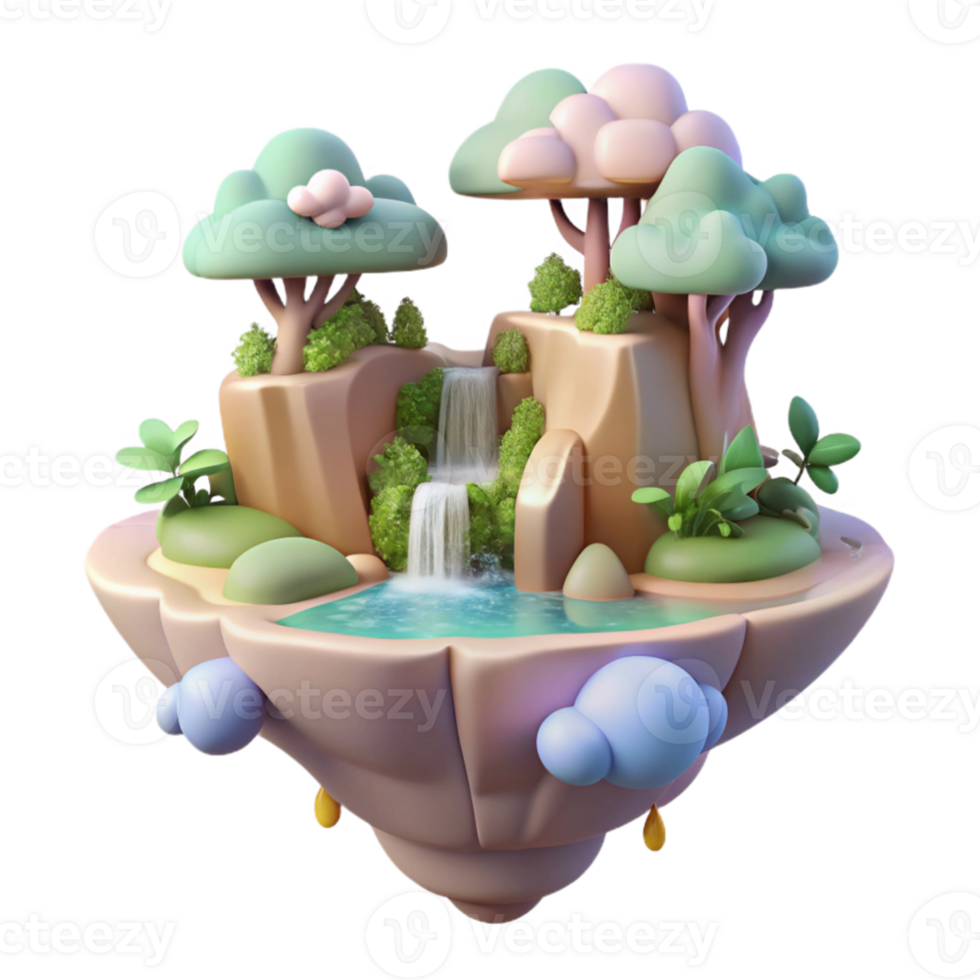 elegant modern A whimsical, floating island, complete with waterfalls and lush vegetation, drifts through a pastel colored sky. Soft, diffuse lighting. Art style Dreamlike premium png
