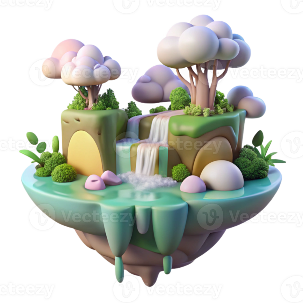 impressive artistic A whimsical, floating island, complete with waterfalls and lush vegetation, drifts through a pastel-colored sky. Soft, diffuse lighting. Art style Dreamlike authentic png