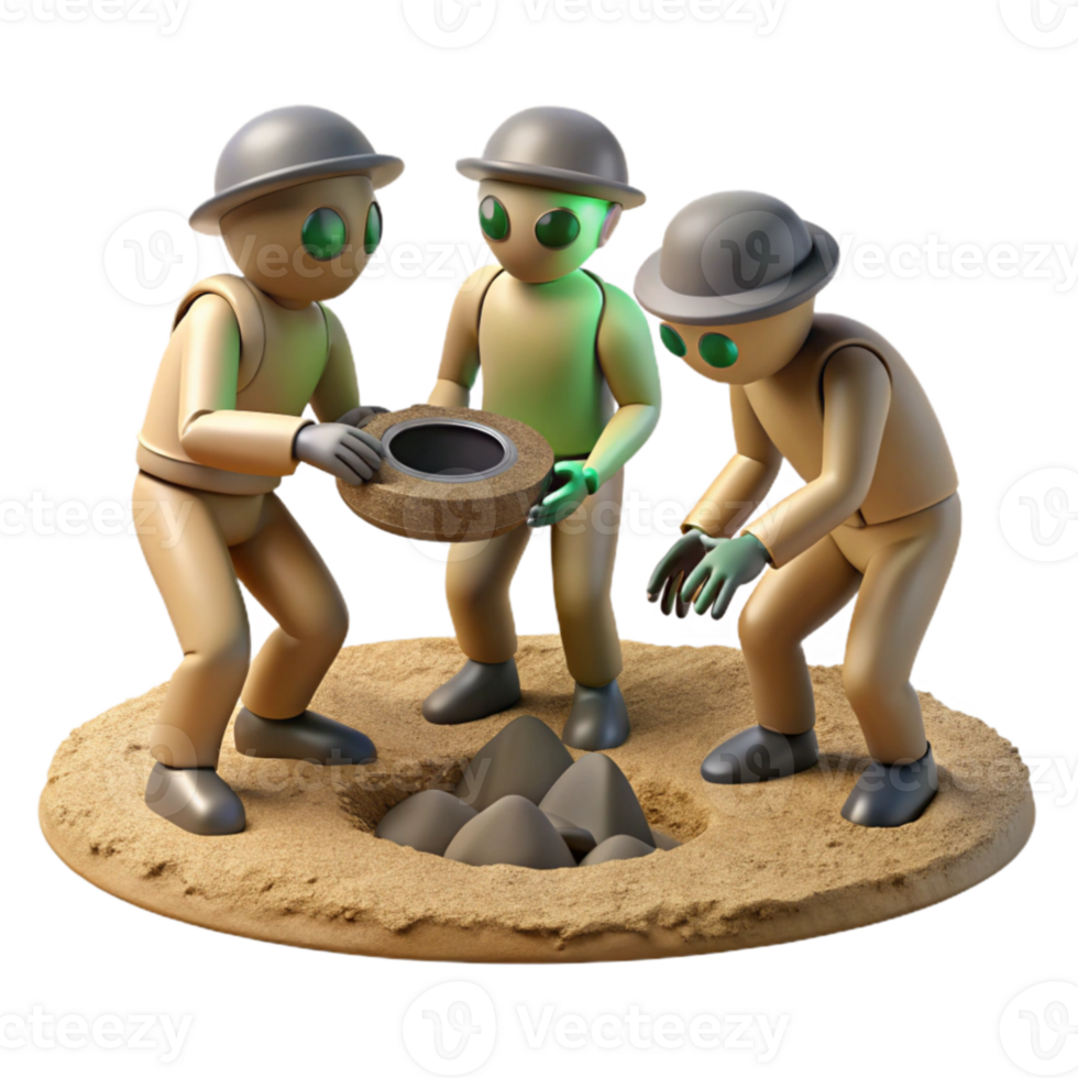 stunning minimalist A group of explorers discovers an ancient alien artifact buried in the sand of a desolate planet. Harsh, midday lighting. Art style Photorealistic professional png