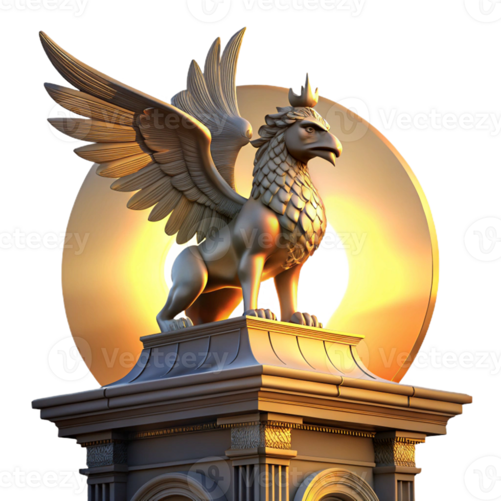 extraordinary rustic A majestic griffin perched atop a crumbling clock tower, bathed in the golden light of a setting sun, Art Nouveau style authentic png