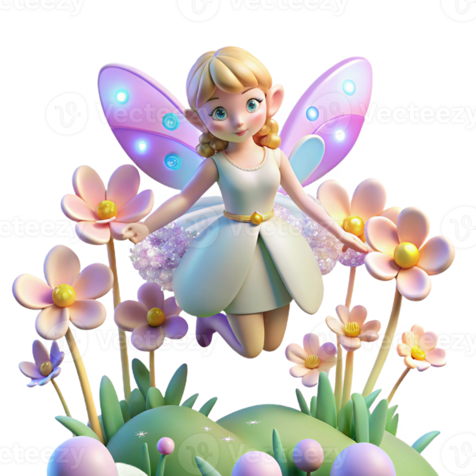 extraordinary minimalist A whimsical fairy with iridescent wings hovering over a field of bioluminescent flowers, soft focus, pastel colors, dreamlike atmosphere original png