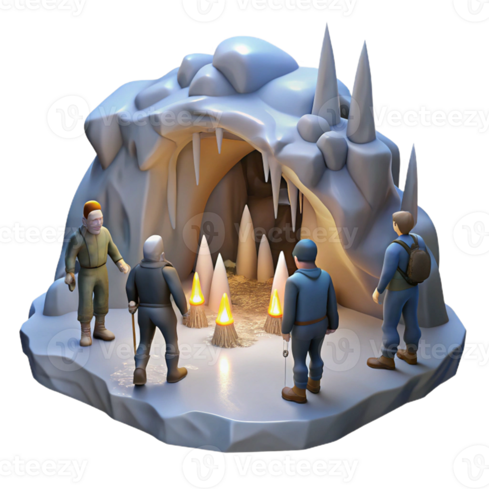 dramatic modern A group of adventurers exploring a hidden cavern filled with stalactites and stalagmites, chiaroscuro lighting, realistic style high resolution png