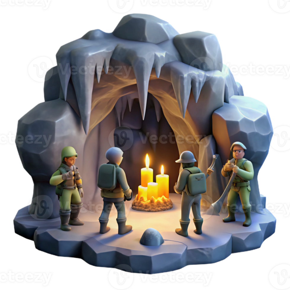 stunning vintage A group of adventurers exploring a hidden cavern filled with stalactites and stalagmites, chiaroscuro lighting, realistic style premium png