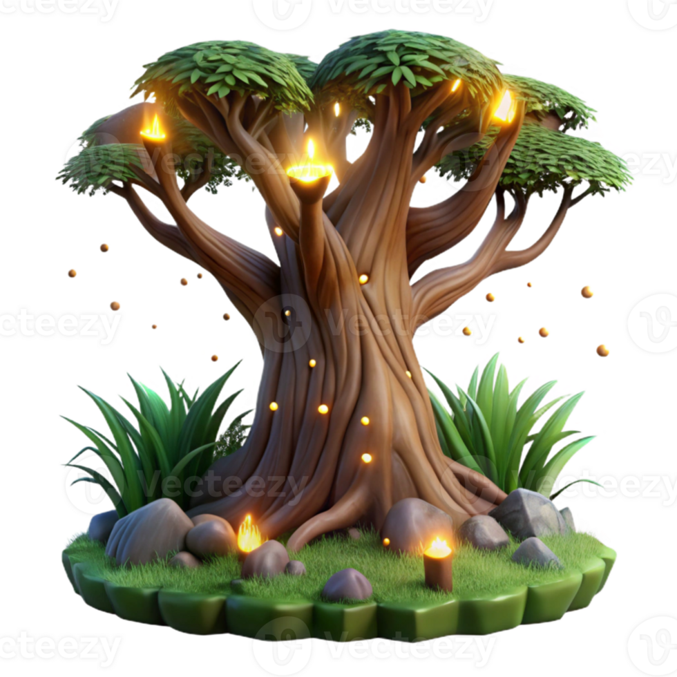 extraordinary modern An ancient, gnarled tree with glowing runes carved into its bark, surrounded by fireflies, night scene, ethereal lighting high quality png