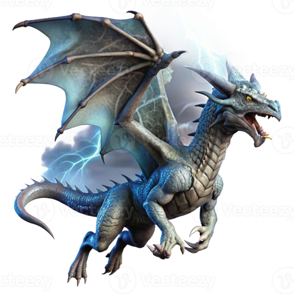impressive classic A majestic dragon soaring through a storm filled sky, lightning illuminating its scales, dramatic lighting, fantasy art style high quality png