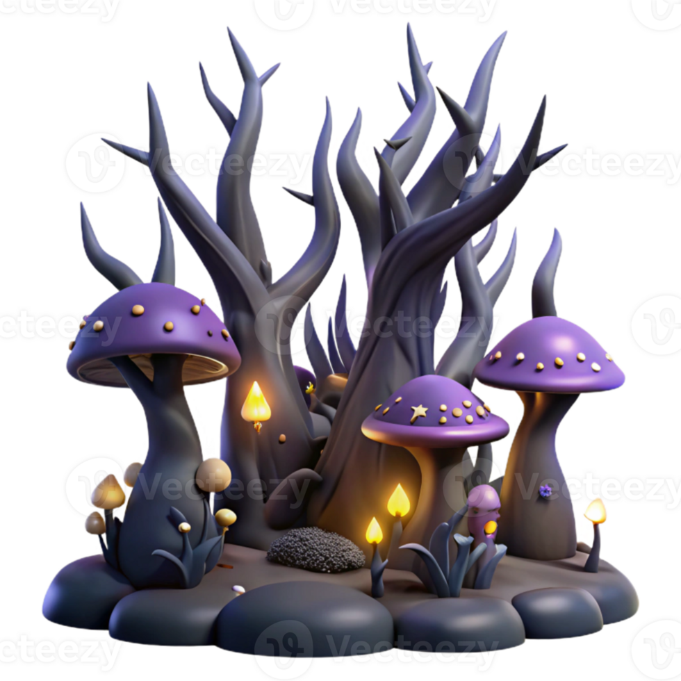 serene contemporary A haunted forest filled with twisted trees and glowing mushrooms, dark and moody lighting, gothic style 4K png