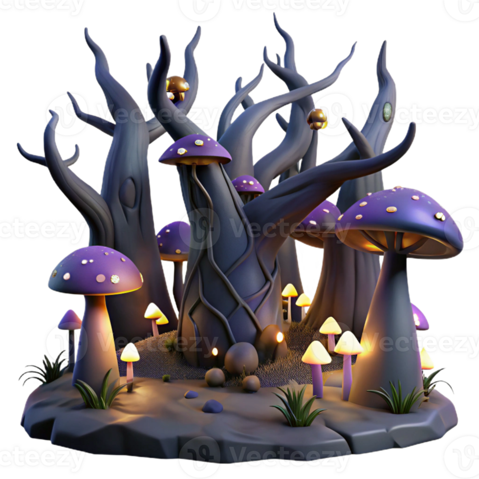 elegant modern A haunted forest filled with twisted trees and glowing mushrooms, dark and moody lighting, gothic style original png