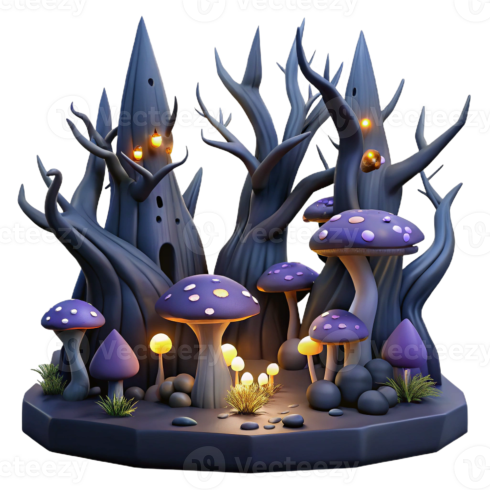 vibrant vintage A haunted forest filled with twisted trees and glowing mushrooms, dark and moody lighting, gothic style 4K png