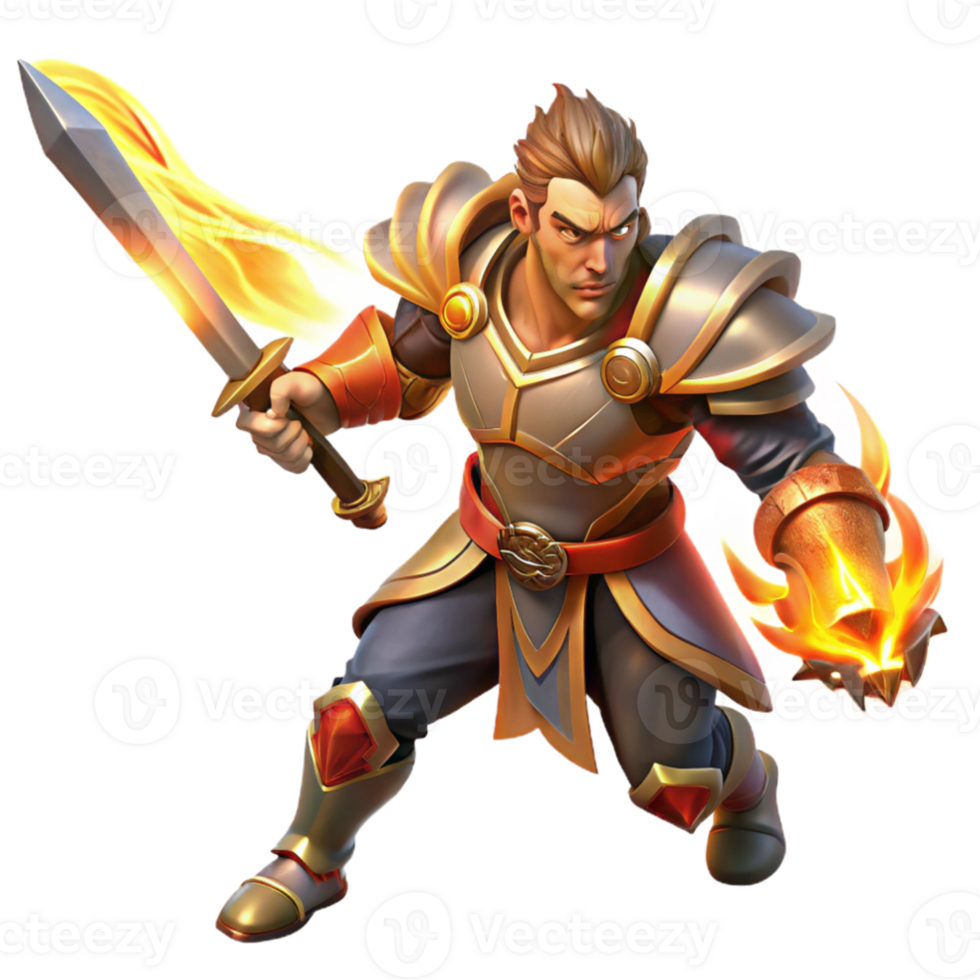 beautiful creative A fierce warrior wielding a flaming sword, dynamic lighting, heroic fantasy style authentic png