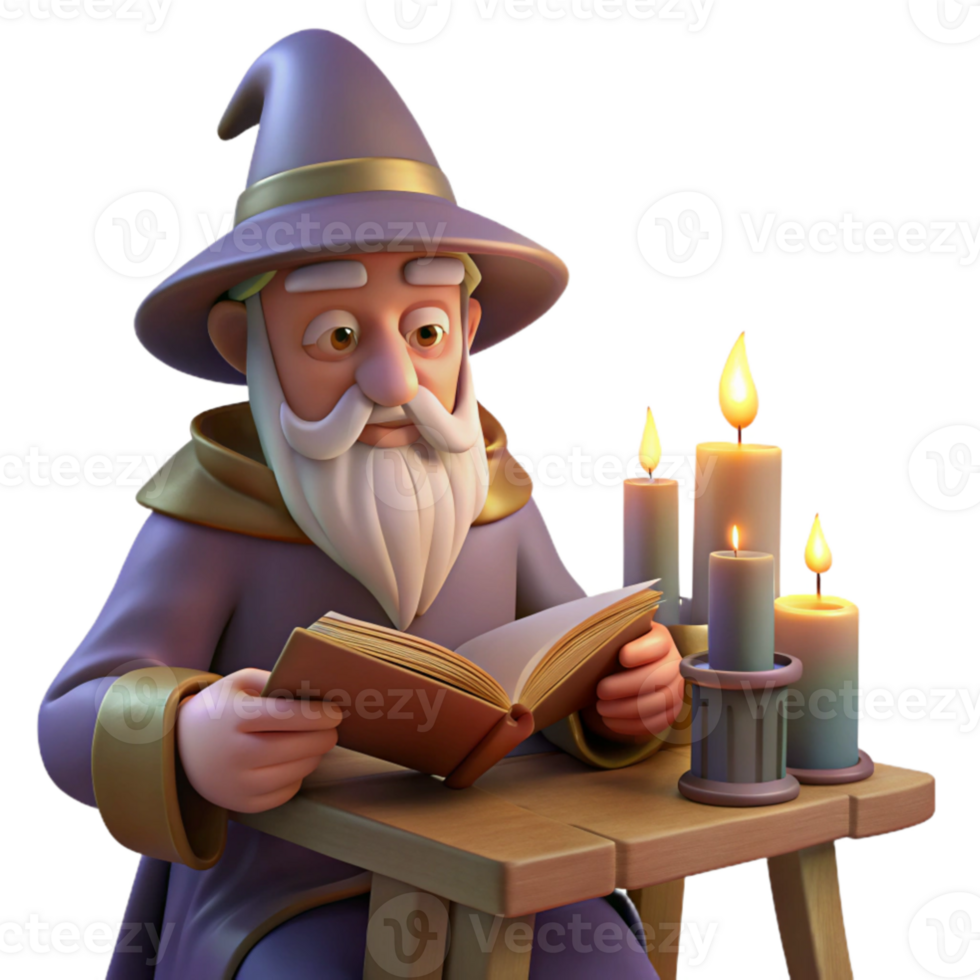 elegant modern A wise old wizard studying a dusty tome in his candlelit study, warm lighting, Renaissance style high resolution png