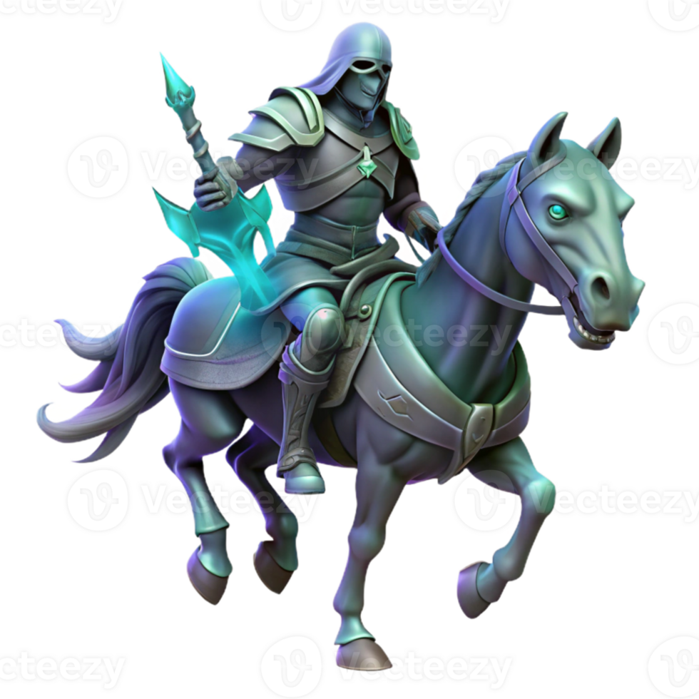 extraordinary modern A spectral knight riding a skeletal horse, ghostly lighting, dark fantasy style premium png