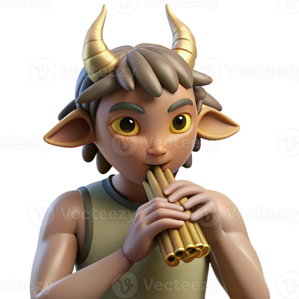 impressive contemporary A mischievous satyr playing a pan flute in a forest glade, dappled sunlight, Impressionist style 4K png