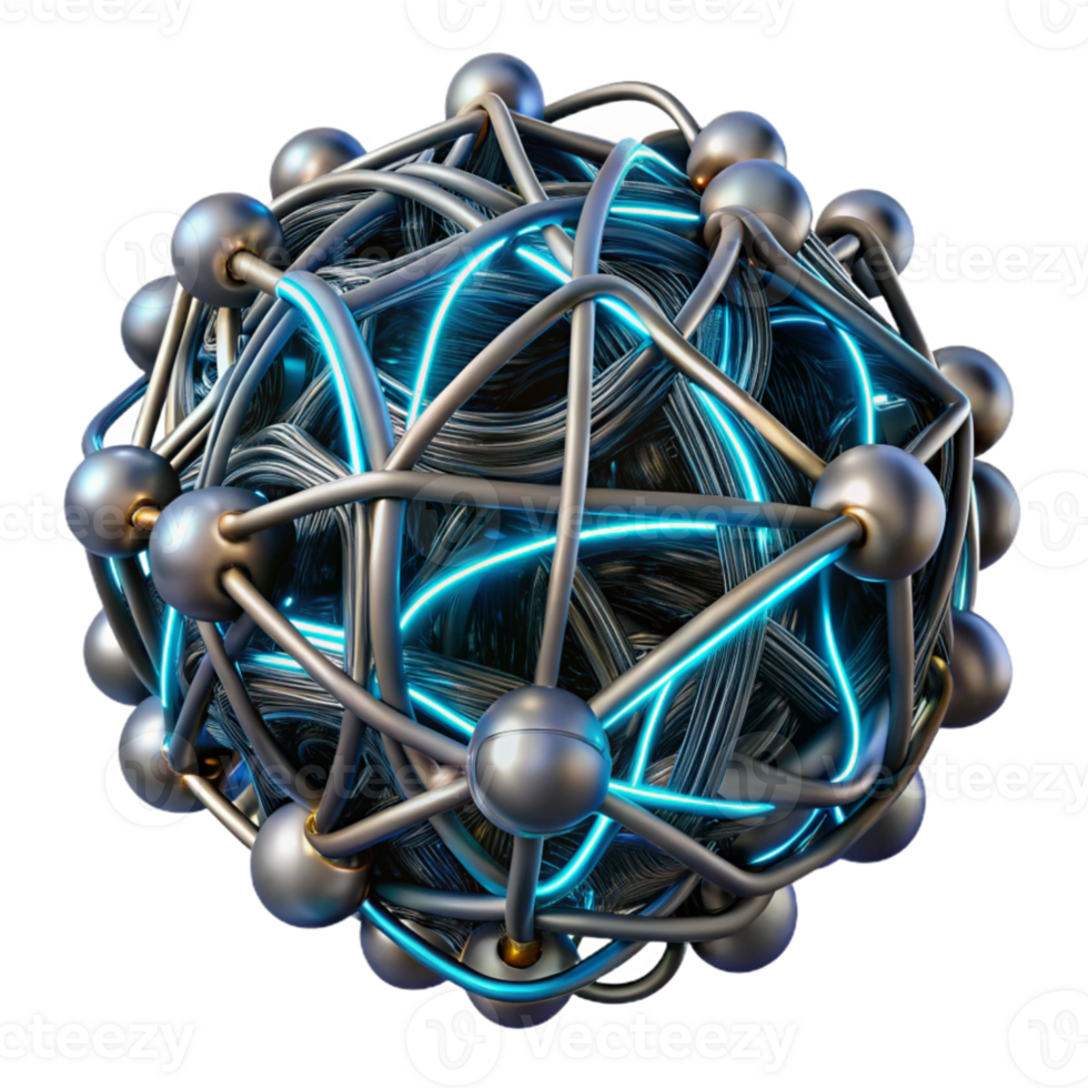 extraordinary abstract A dense network of interconnected wires, forming a chaotic, abstract structure, with glowing neon accents and a gritty, industrial aesthetic high resolution png