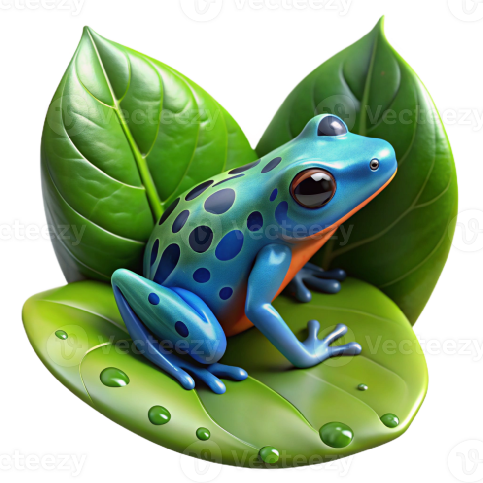 impressive modern A vibrant poison dart frog clinging to a lush, dewy leaf in a rainforest, macro photography, bokeh effect, vivid colors, naturalistic style authentic png