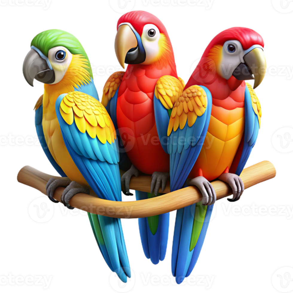 beautiful artistic A group of colorful macaws perched on a branch in a rainforest, vibrant colors, detailed feathers, naturalistic style professional png