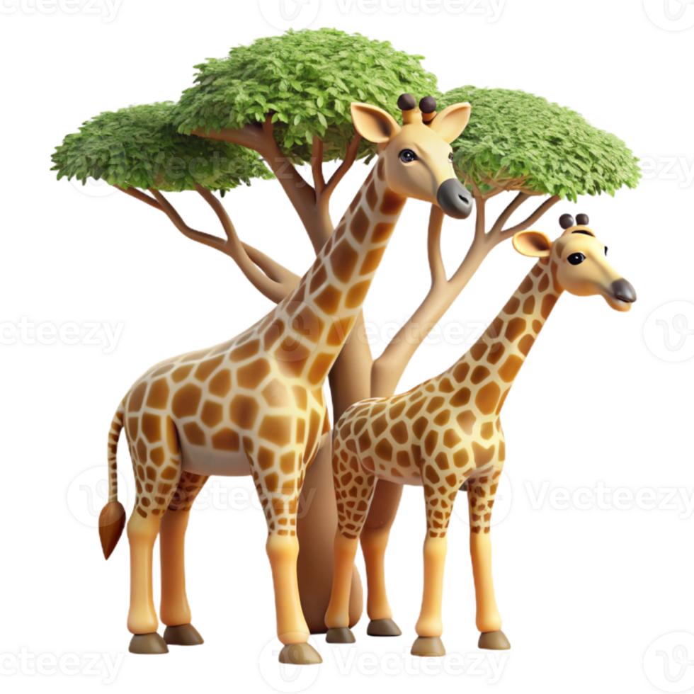 elegant contemporary A pair of giraffes reaching for leaves in a tall acacia tree, warm sunlight, stylized design, long necks and patterned coats high quality png