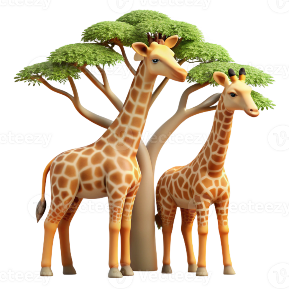 beautiful rustic A pair of giraffes reaching for leaves in a tall acacia tree, warm sunlight, stylized design, long necks and patterned coats high resolution png