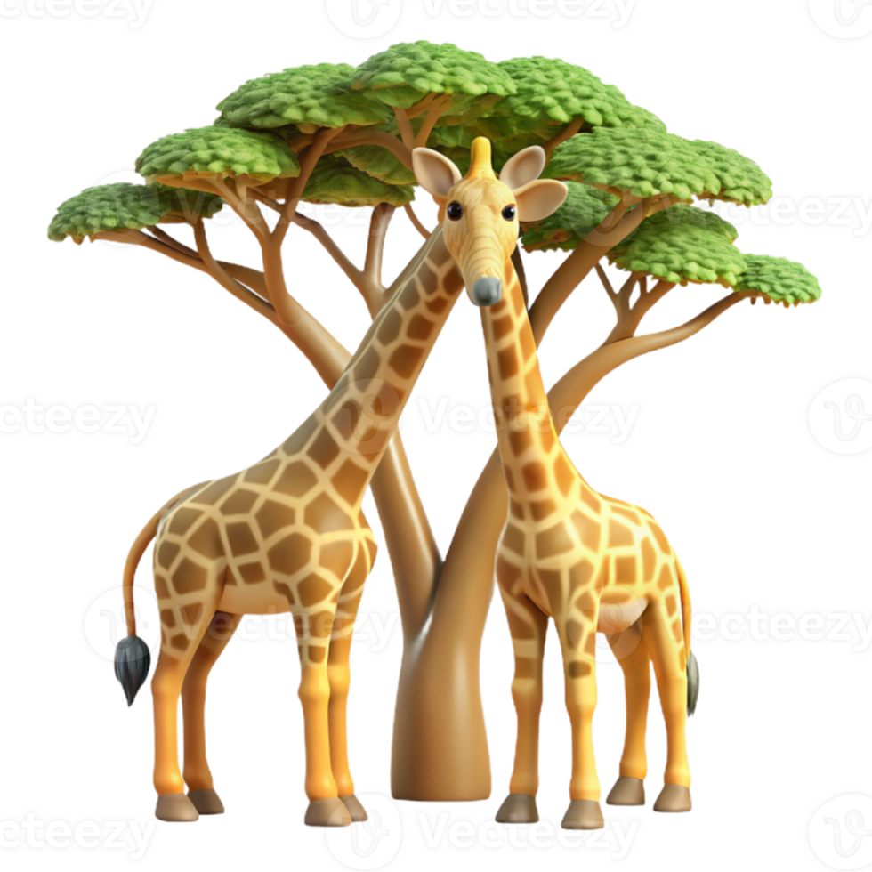 stunning modern A pair of giraffes reaching for leaves in a tall acacia tree, warm sunlight, stylized design, long necks and patterned coats premium png