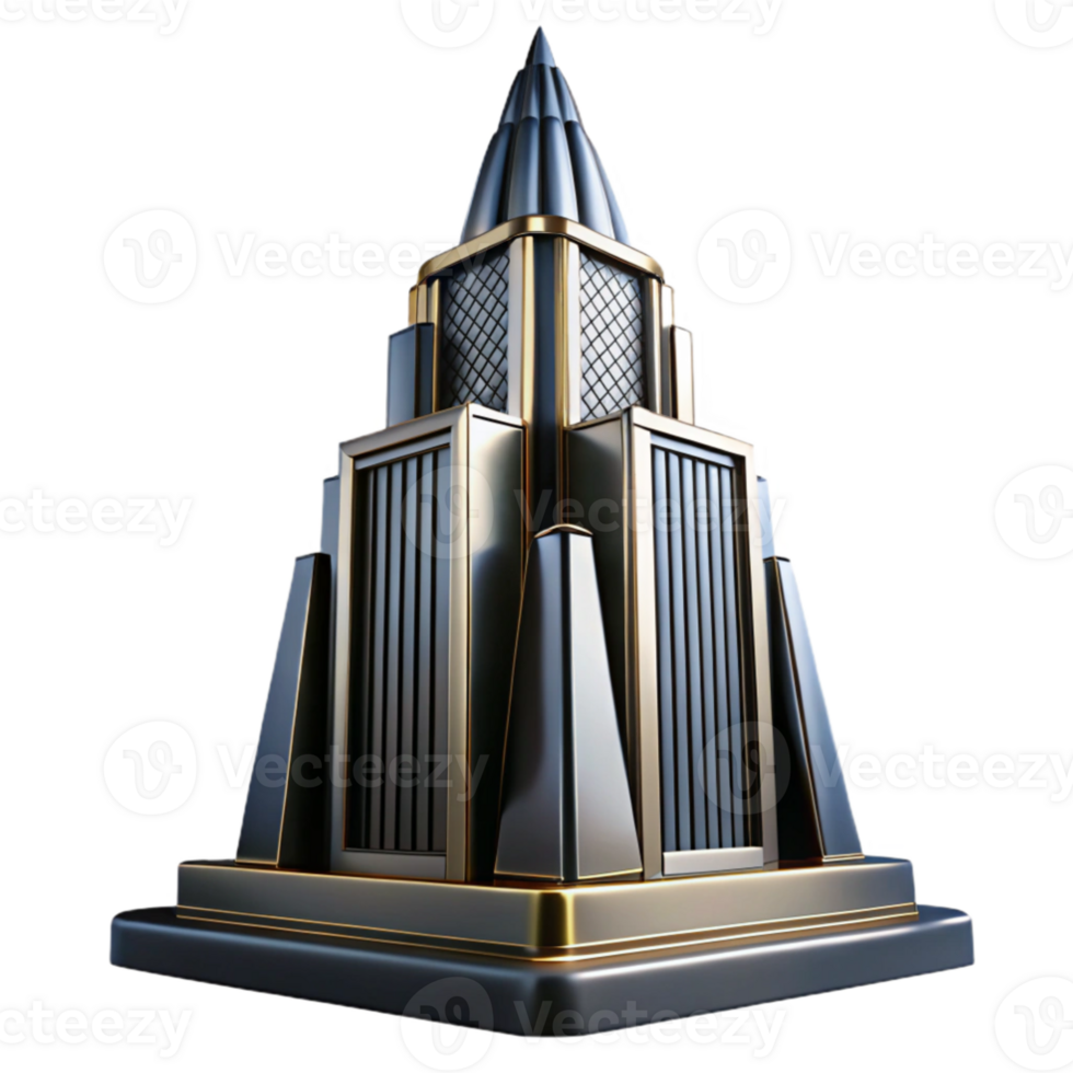 serene rustic Art Deco skyscraper, chrome and black glass, sharp lines, volumetric lighting, low angle, cinematic, original png
