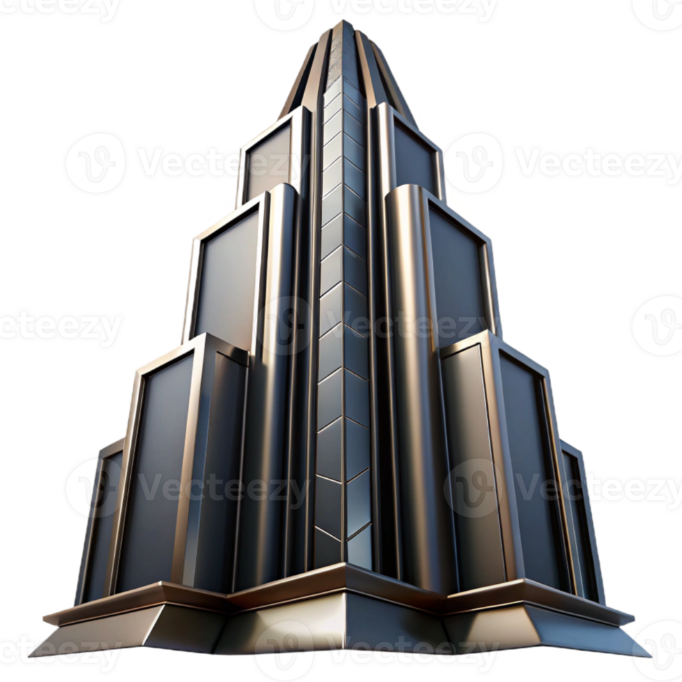 beautiful contemporary Art Deco skyscraper, chrome and black glass, sharp lines, volumetric lighting, low angle, cinematic, exclusive png