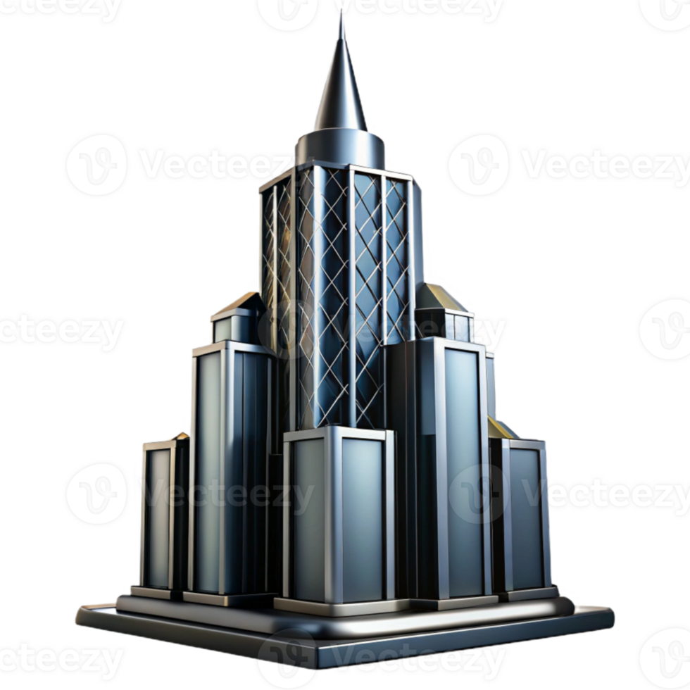 stunning creative Art Deco skyscraper, chrome and black glass, sharp lines, volumetric lighting, low angle, cinematic, detailed png