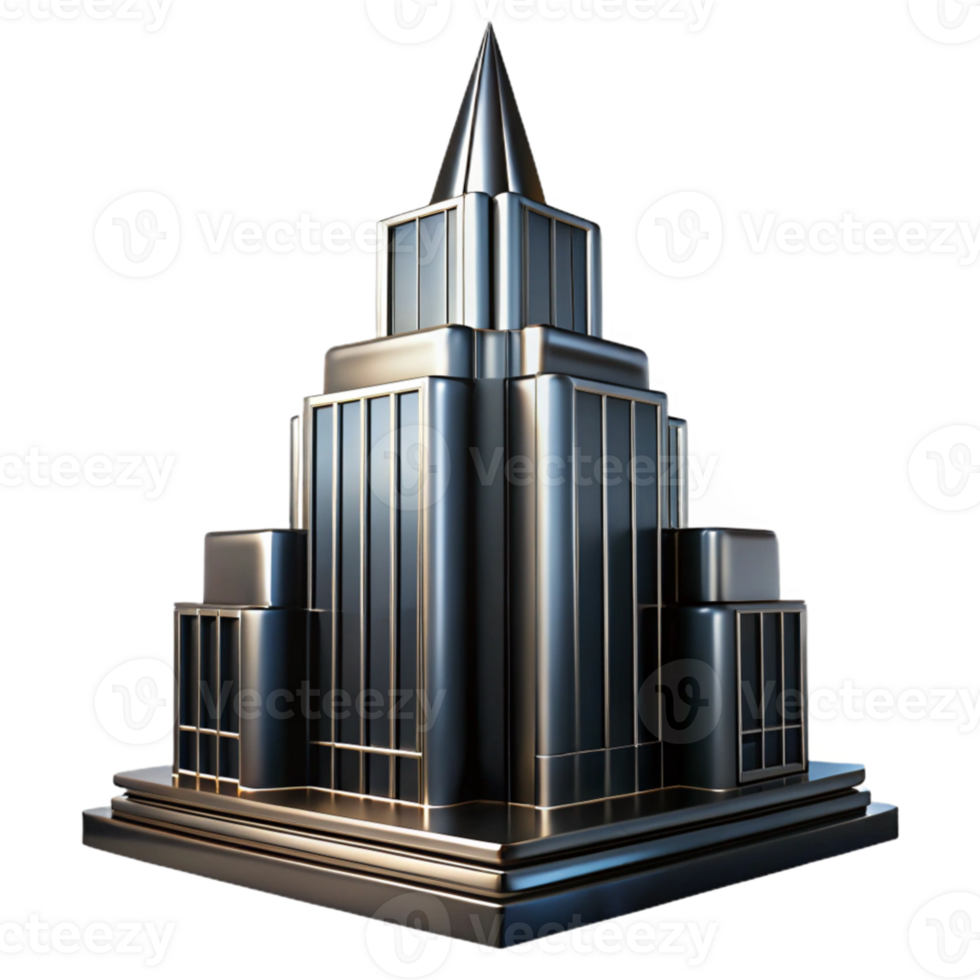 magnificent artistic Art Deco skyscraper, chrome and black glass, sharp lines, volumetric lighting, low angle, cinematic, high quality png