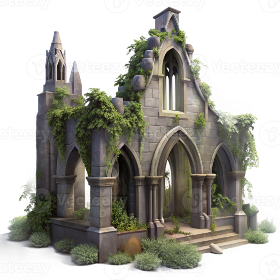 vibrant modern Post-apocalyptic ruined cathedral, overgrown with vines, dusty, pale moonlight, digital painting, 4K png