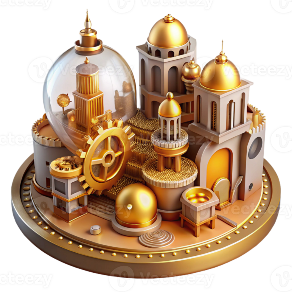 elegant minimalist Microscale city built within a clockwork mechanism, intricate gears, warm golden lighting, steampunk, professional png